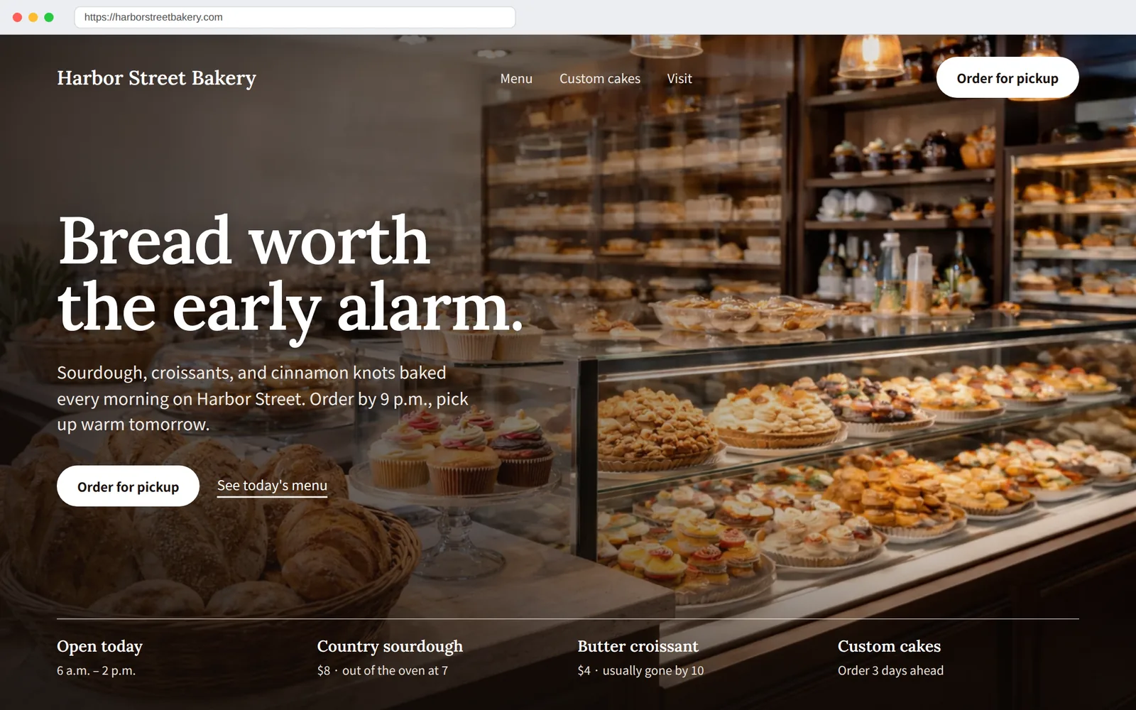 Harbor Street Bakery redesign: a dark, photo-led homepage with an 'Order for pickup' button