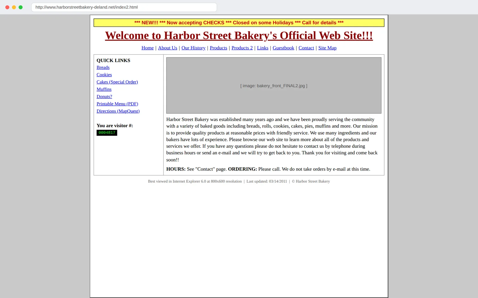 Harbor Street Bakery original site: a dated page with blue links and a visitor counter