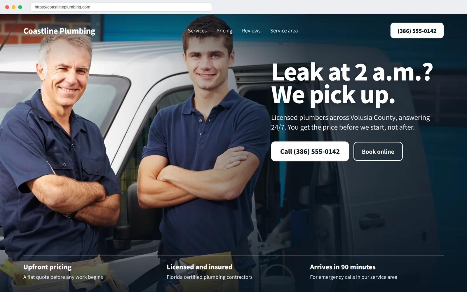 Coastline Plumbing redesigned homepage with a 'Leak at 2 a.m.? We pick up.' headline