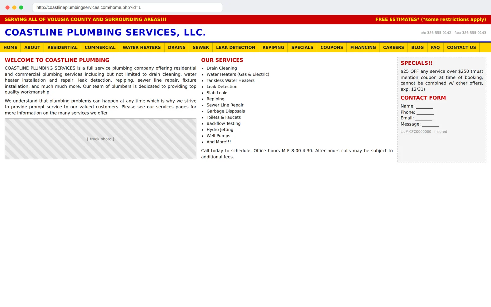 Coastline Plumbing original homepage